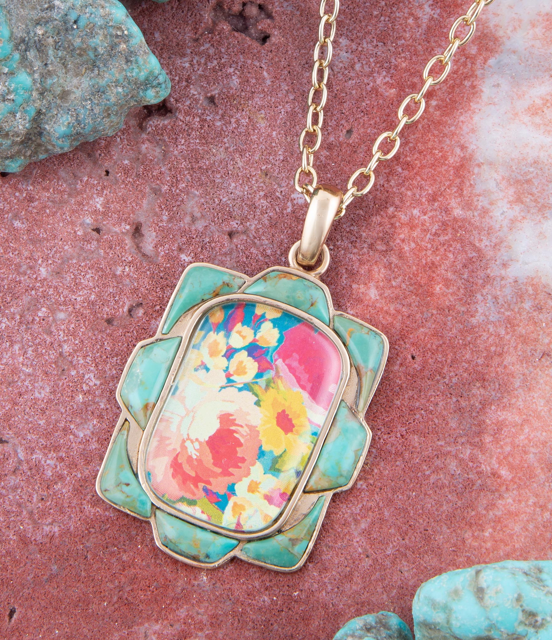 Scenic Floral and Blue Turquoise Golden Pendant Necklace detail view by Barse Jewelry