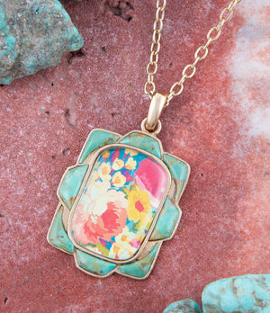 Scenic Floral and Blue Turquoise Golden Pendant Necklace detail view by Barse Jewelry