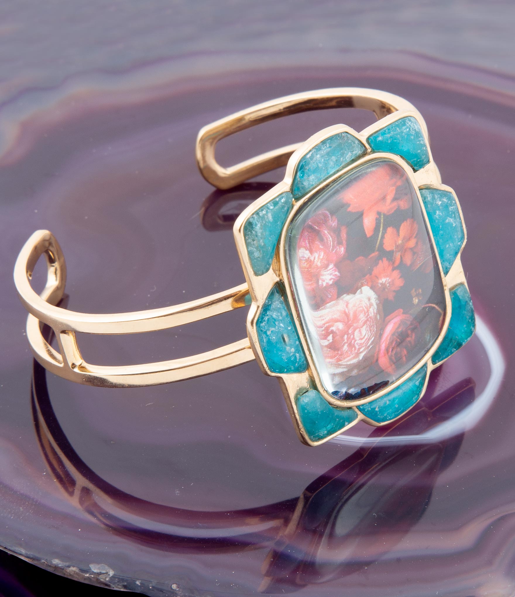 Scenic Red Floral Blue Apatite Golden Cuff Bracelet detail view by Barse Jewelry