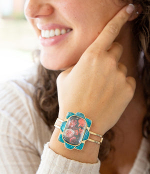 Scenic Red Floral Blue Apatite Golden Cuff Bracelet detail view by Barse Jewelry
