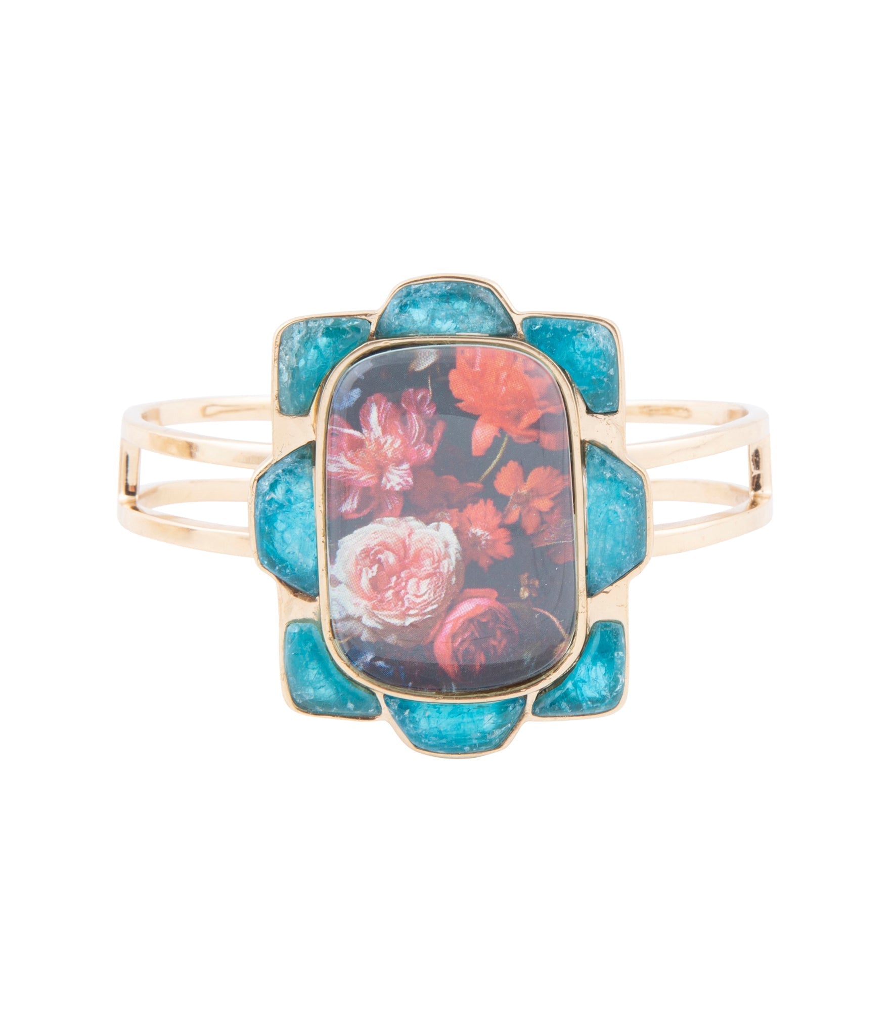 Scenic Red Floral Blue Apatite Golden Cuff Bracelet detail view by Barse Jewelry
