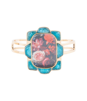 Scenic Red Floral Blue Apatite Golden Cuff Bracelet detail view by Barse Jewelry