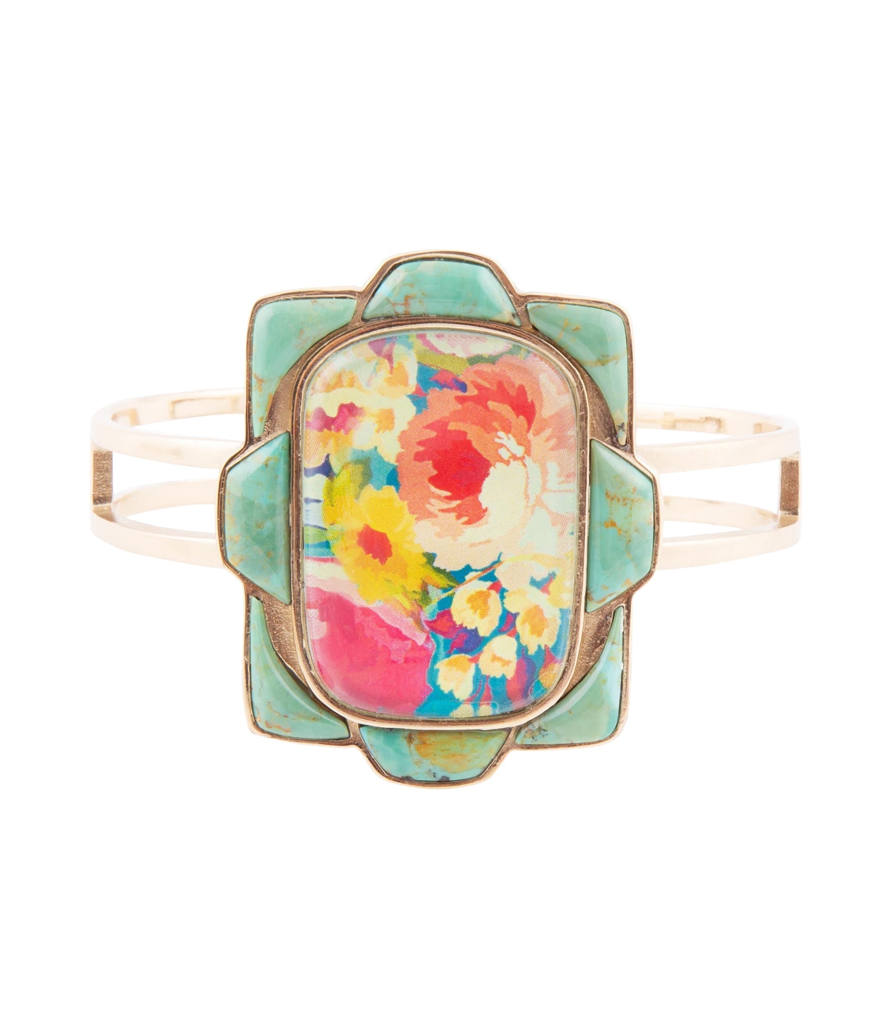 Scenic Floral Blue Turquoise and Golden Cuff Bracelet detail view by Barse Jewelry