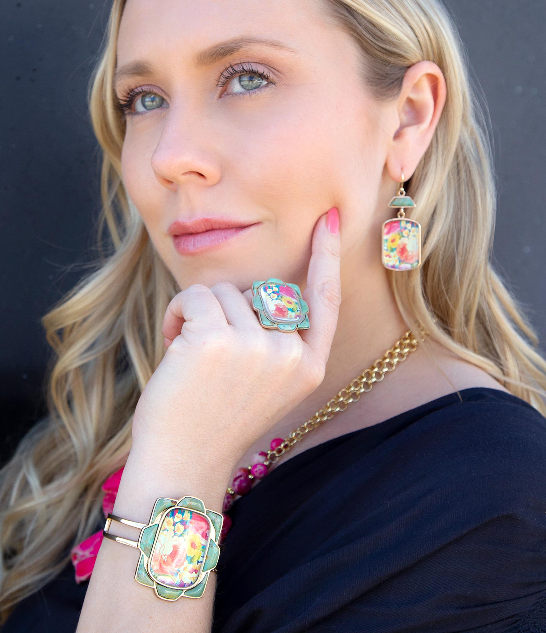 Scenic Floral Blue Turquoise and Golden Cuff Bracelet detail view by Barse Jewelry