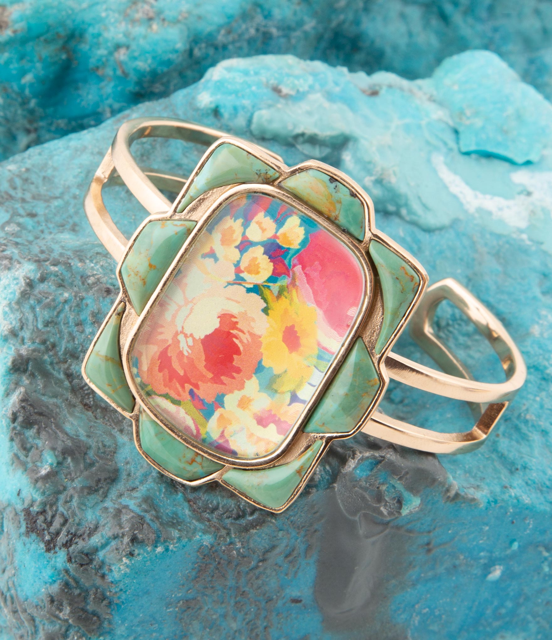 Scenic Floral Blue Turquoise and Golden Cuff Bracelet detail view by Barse Jewelry