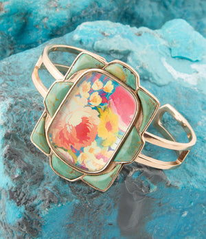 Scenic Floral Blue Turquoise and Golden Cuff Bracelet detail view by Barse Jewelry