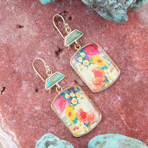Scenic Floral Blue Turquoise Golden Earrings detail view by Barse Jewelry