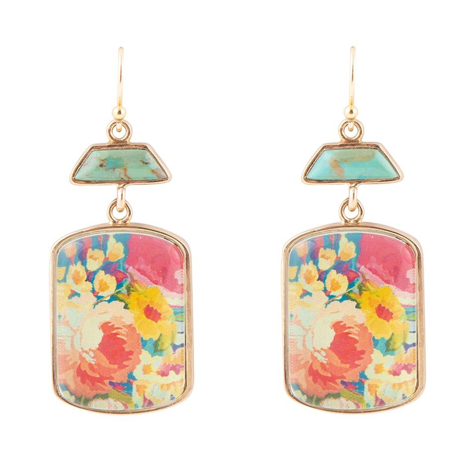 Scenic Floral Blue Turquoise Golden Earrings by Barse Jewelry