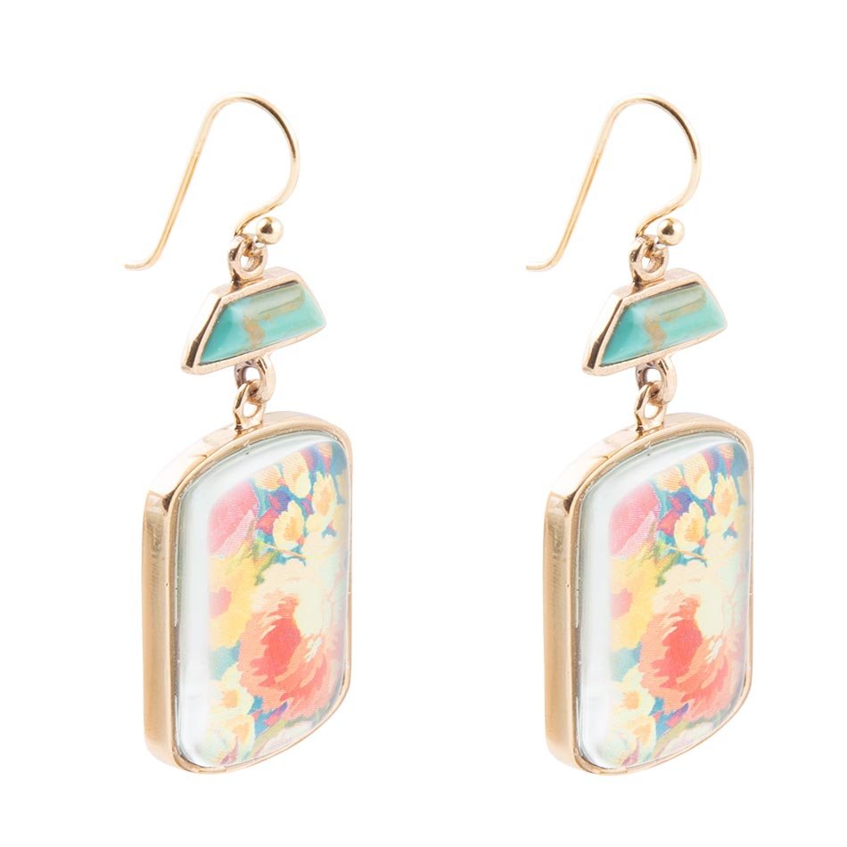 Scenic Floral Blue Turquoise Golden Earrings detail view by Barse Jewelry