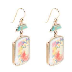 Scenic Floral Blue Turquoise Golden Earrings detail view by Barse Jewelry