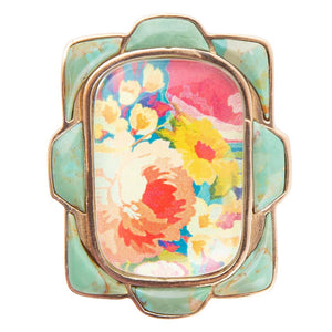 Scenic Floral Blue Turquoise Golden Ring detail view by Barse Jewelry