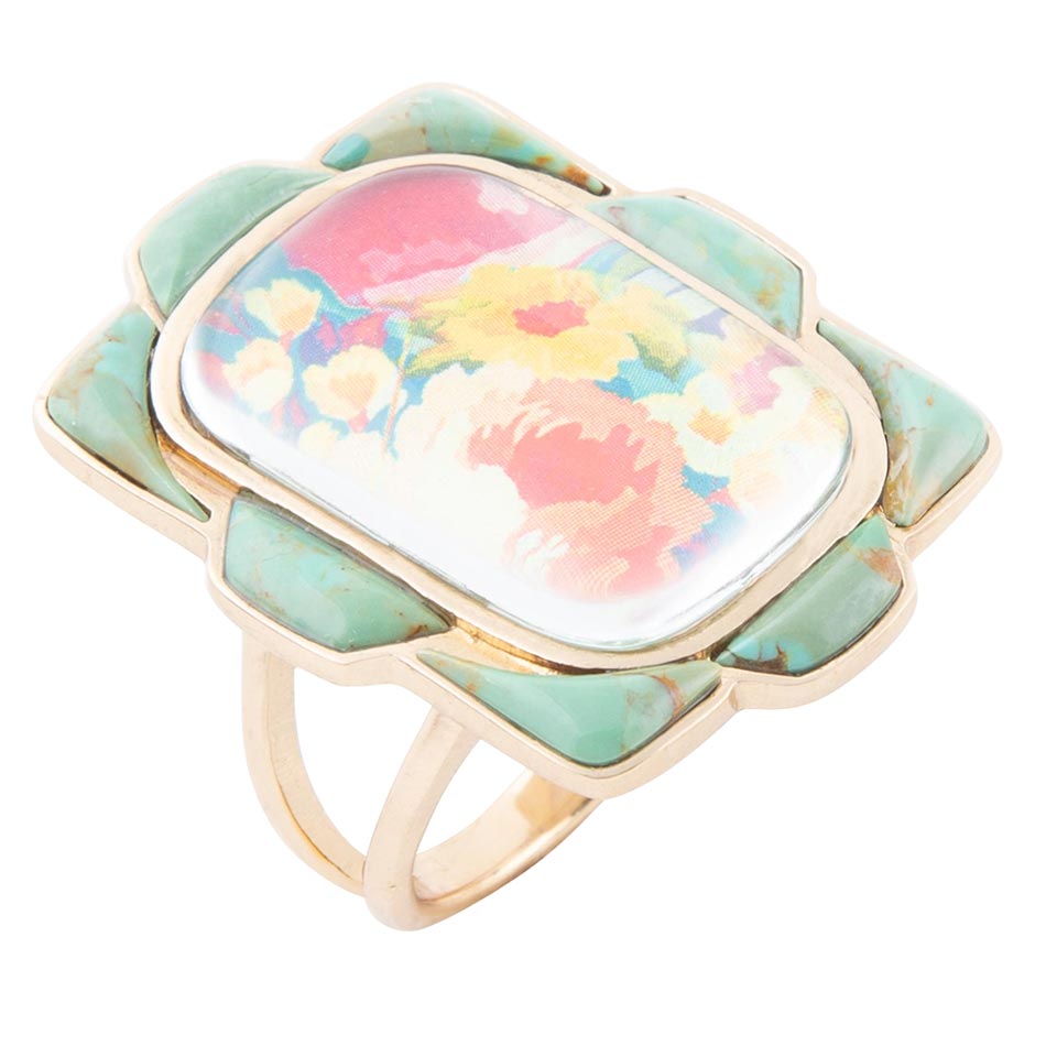 Scenic Floral Blue Turquoise Golden Ring by Barse Jewelry