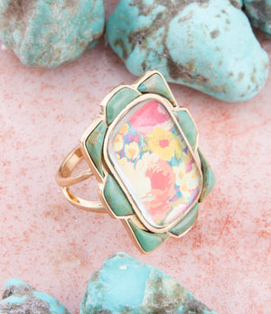 Scenic Floral Blue Turquoise Golden Ring detail view by Barse Jewelry