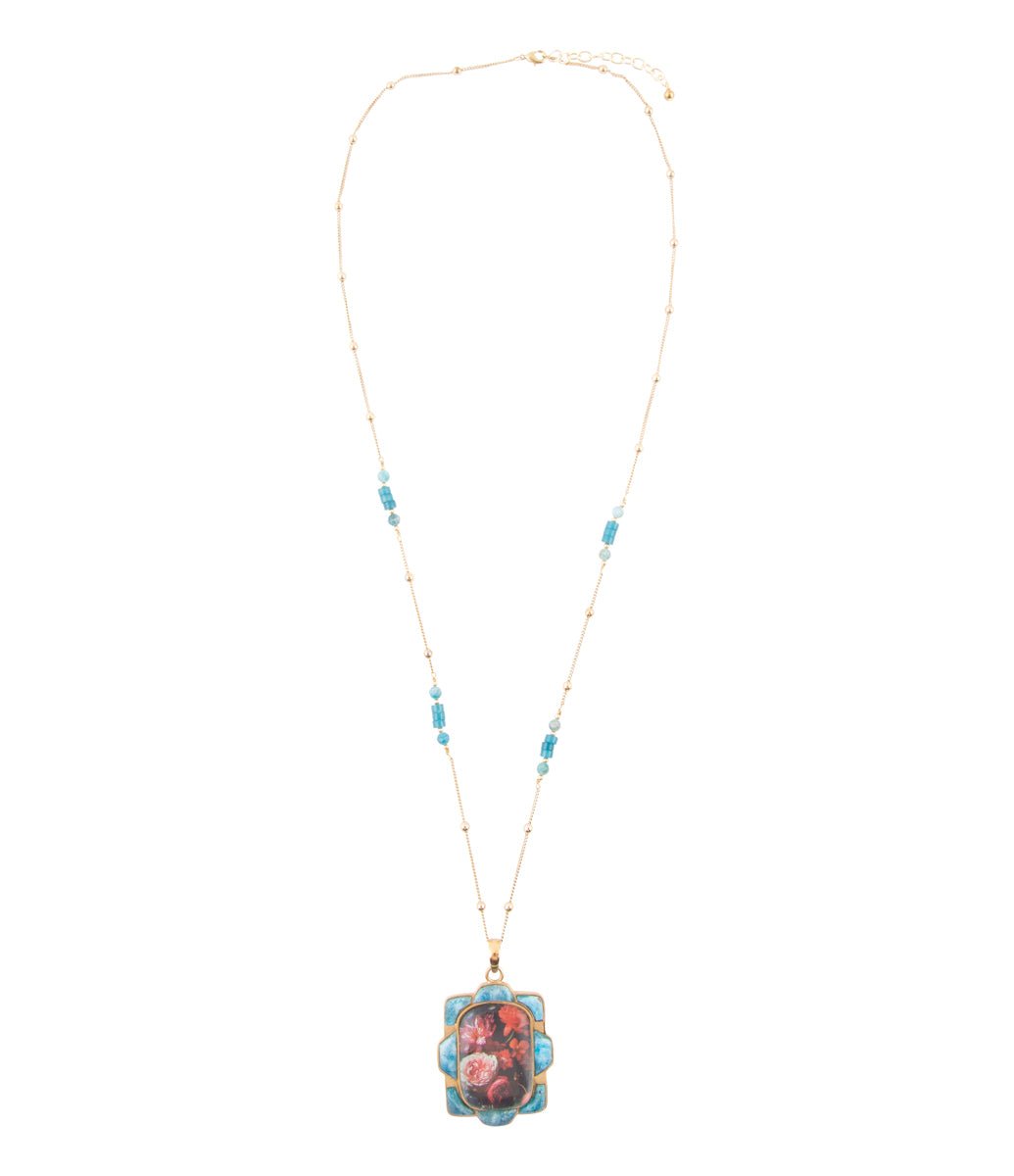 Scenic Red Florals Blue Apatite Golden Pendant Necklace detail view by Barse Jewelry