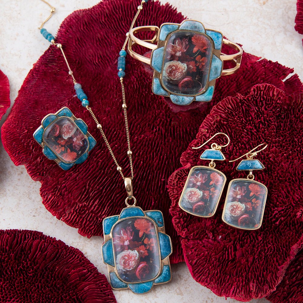 Scenic Red Florals Blue Apatite Golden Pendant Necklace detail view by Barse Jewelry
