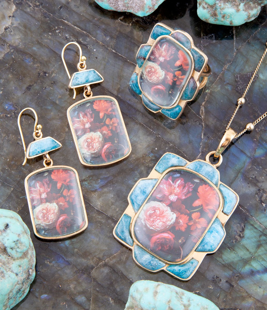 Scenic Red Florals Blue Apatite Golden Pendant Necklace detail view by Barse Jewelry