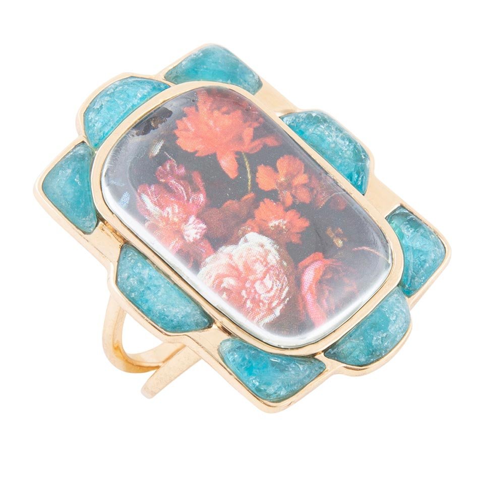 Scenic Red Florals Blue Apatite Golden Statement Ring by Barse Jewelry