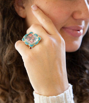 Scenic Red Florals Blue Apatite Golden Statement Ring detail view by Barse Jewelry