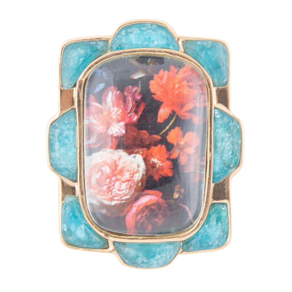 Scenic Red Florals Blue Apatite Golden Statement Ring detail view by Barse Jewelry