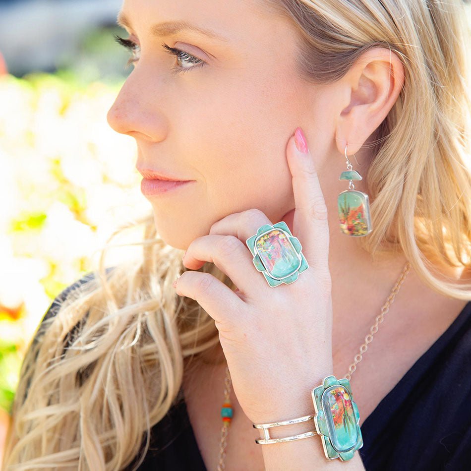 Scenic Sedona Blue Turquoise and Golden Cuff Bracelet detail view by Barse Jewelry