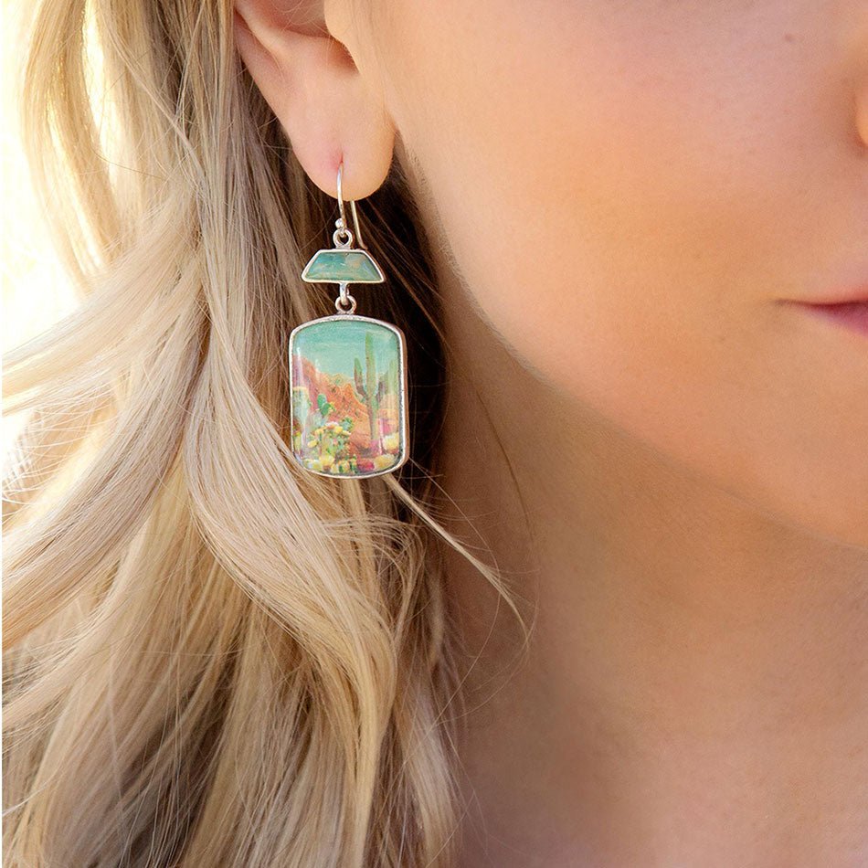 Scenic Sedona Desert Blue Turquoise Golden Drop Earrings detail view by Barse Jewelry