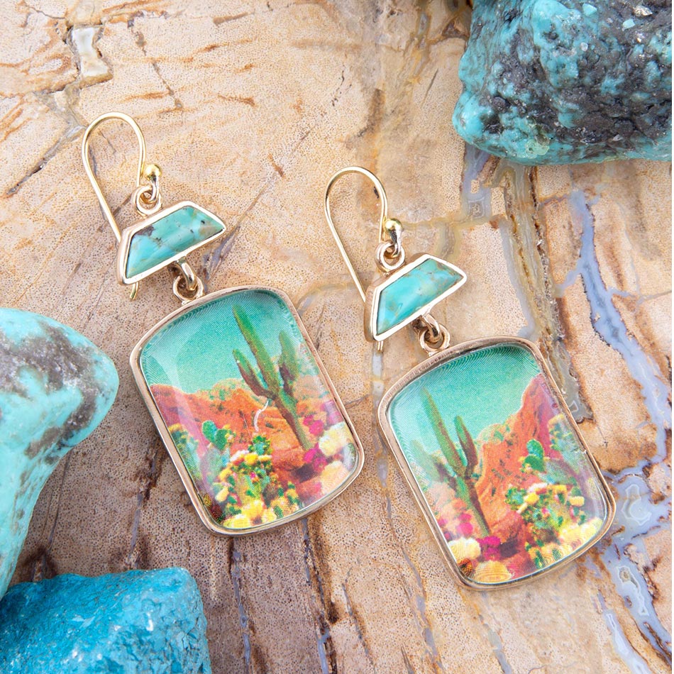 Scenic Sedona Desert Blue Turquoise Golden Drop Earrings detail view by Barse Jewelry