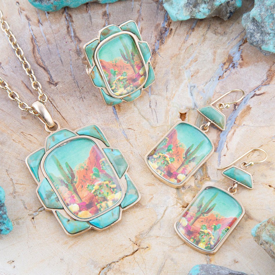 Scenic Sedona Desert Blue Turquoise Golden Pendant Necklace detail view by Barse Jewelry