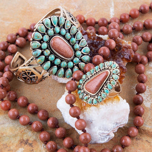 Sedona Blue Turquoise Orange Goldstone Golden Statement Ring detail view by Barse Jewelry