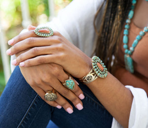 Sedona Blue Turquoise Orange Goldstone Golden Statement Ring detail view by Barse Jewelry