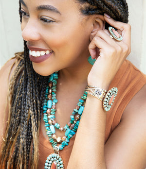 Sedona Blue Turquoise Orange Goldstone Golden Statement Ring detail view by Barse Jewelry