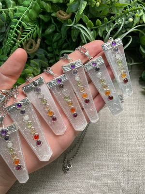 Selenite and Chakra Crystal Necklace detail view by Copper Ashes