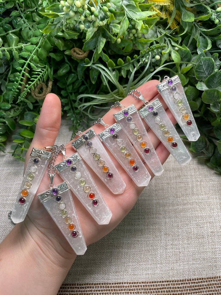 Selenite and Chakra Crystal Necklace by Copper Ashes