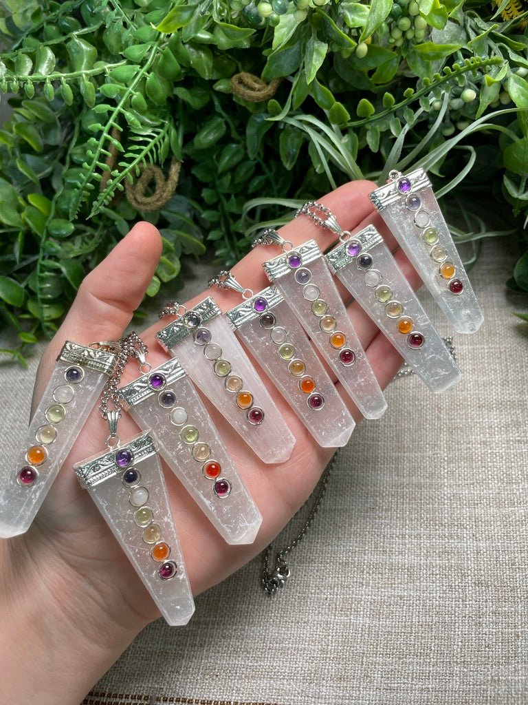Selenite and Chakra Crystal Necklace detail view by Copper Ashes