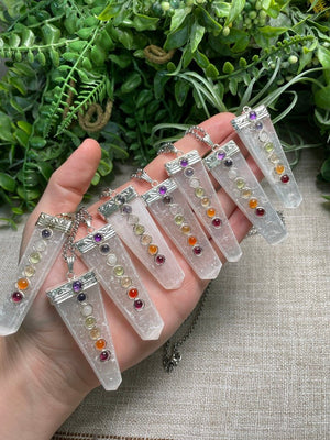 Selenite and Chakra Crystal Necklace detail view by Copper Ashes