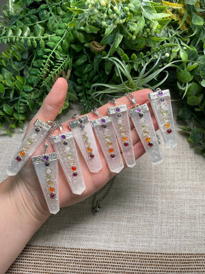 Selenite and Chakra Crystal Necklace detail view by Copper Ashes