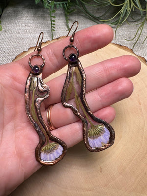 Selunara- Amethyst and Flower Earrings detail view by Copper Ashes