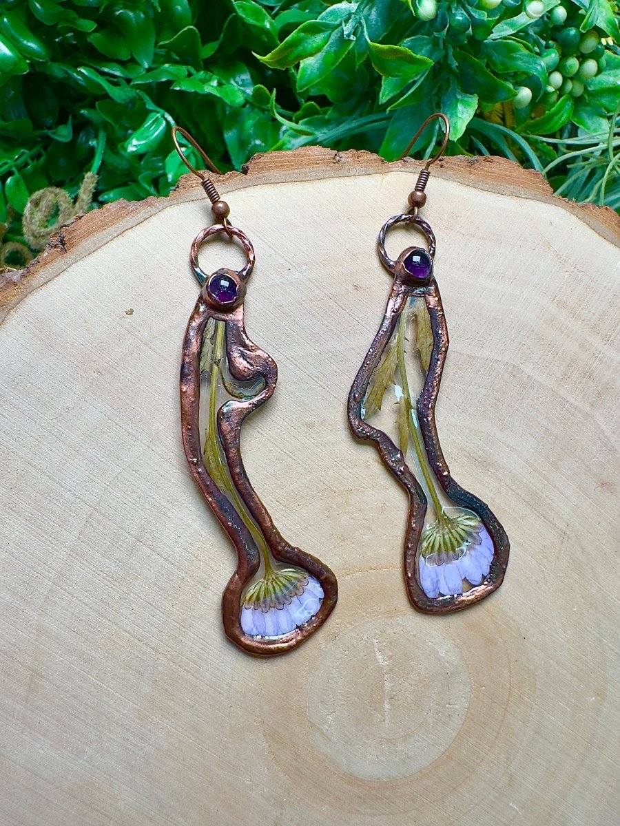 Selunara- Amethyst and Flower Earrings by Copper Ashes