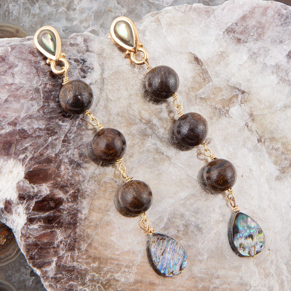 Sepia Sea Blue Abalone Post Golden Drop Earrings detail view by Barse Jewelry