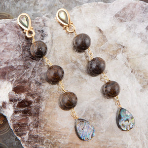 Sepia Sea Blue Abalone Post Golden Drop Earrings detail view by Barse Jewelry
