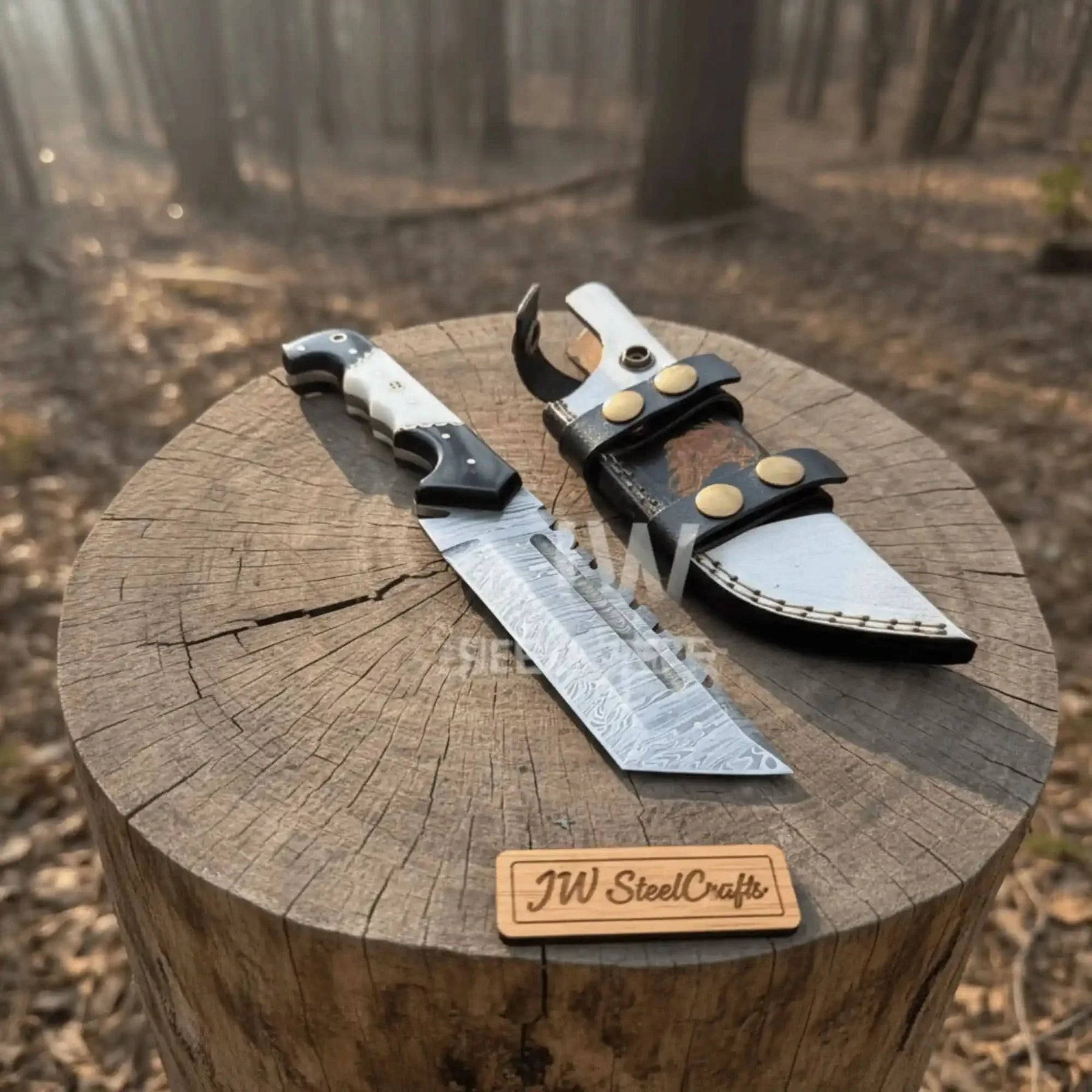 10-Inch Damascus Tracker Knife — Black & White Resin Handle, Filework Spine, Curved Guard & Leather Sheath by JW SteelCrafts, leather knife sheath main product photo