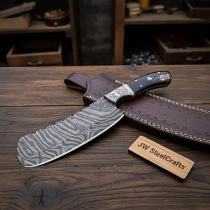 10-Inch Forged Damascus Nakiri Chopper — Ladder Pattern Blade, Engraved Damascus Bolster, Black Resin Handle & Tooled Leather Sheath by JW SteelCrafts, leather knife sheath main