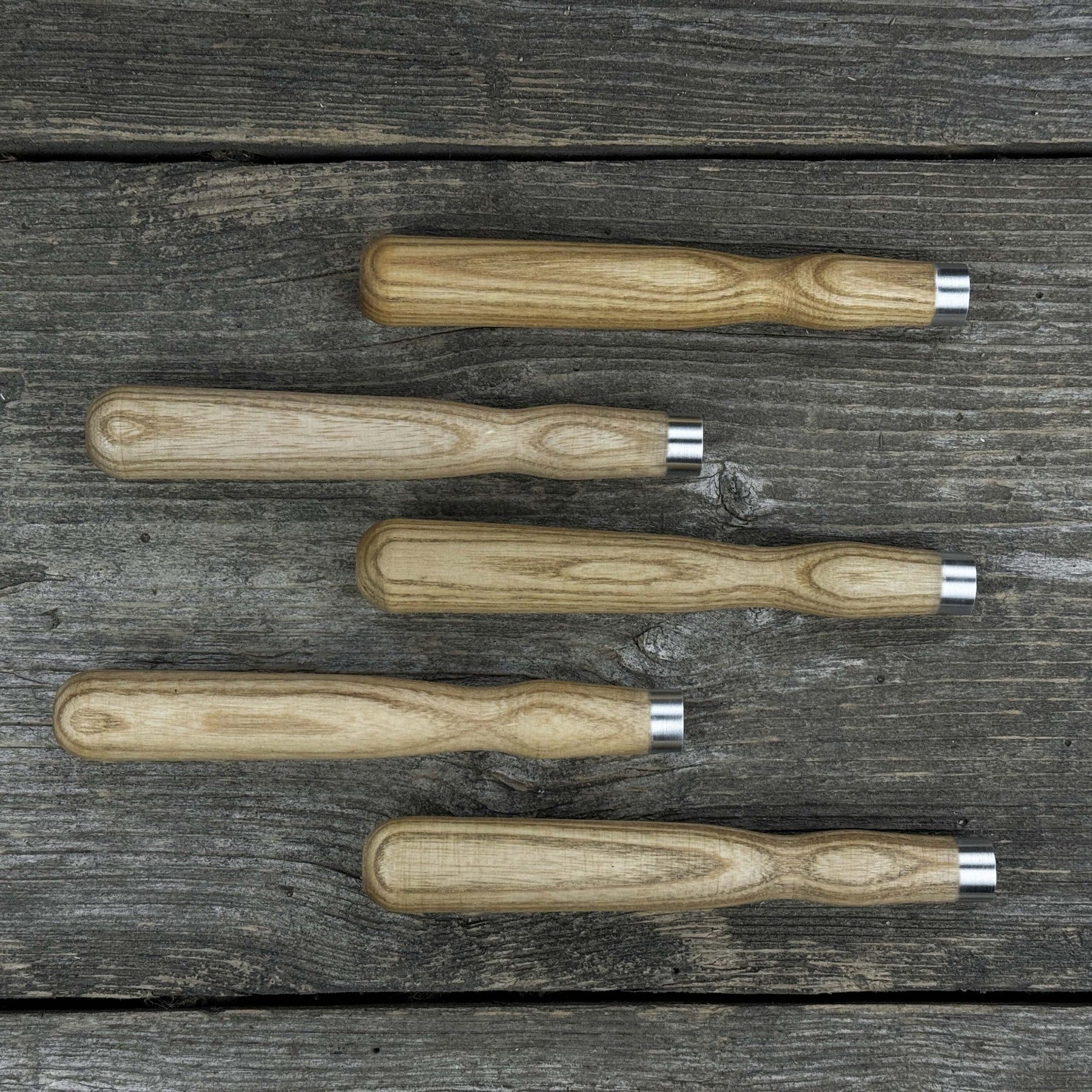 Set of 5 Ash Wood Handles for Chisels and Gouges with Aluminum Rings detail view by Sharky Forged Steel Tools