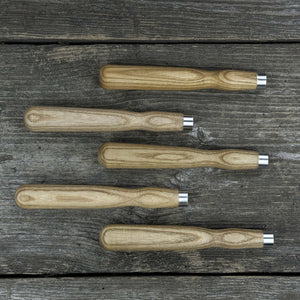 Set of 5 Ash Wood Handles for Chisels and Gouges with Aluminum Rings detail view by Sharky Forged Steel Tools