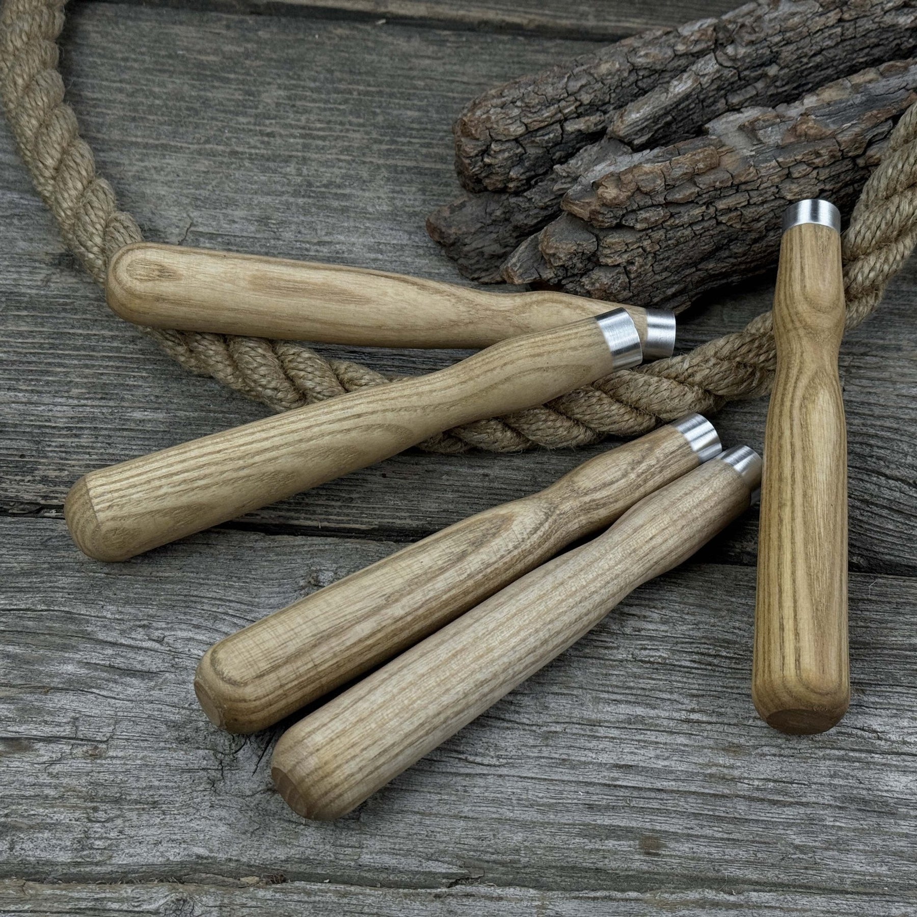 Set of 5 Ash Wood Handles for Chisels and Gouges with Aluminum Rings detail view by Sharky Forged Steel Tools