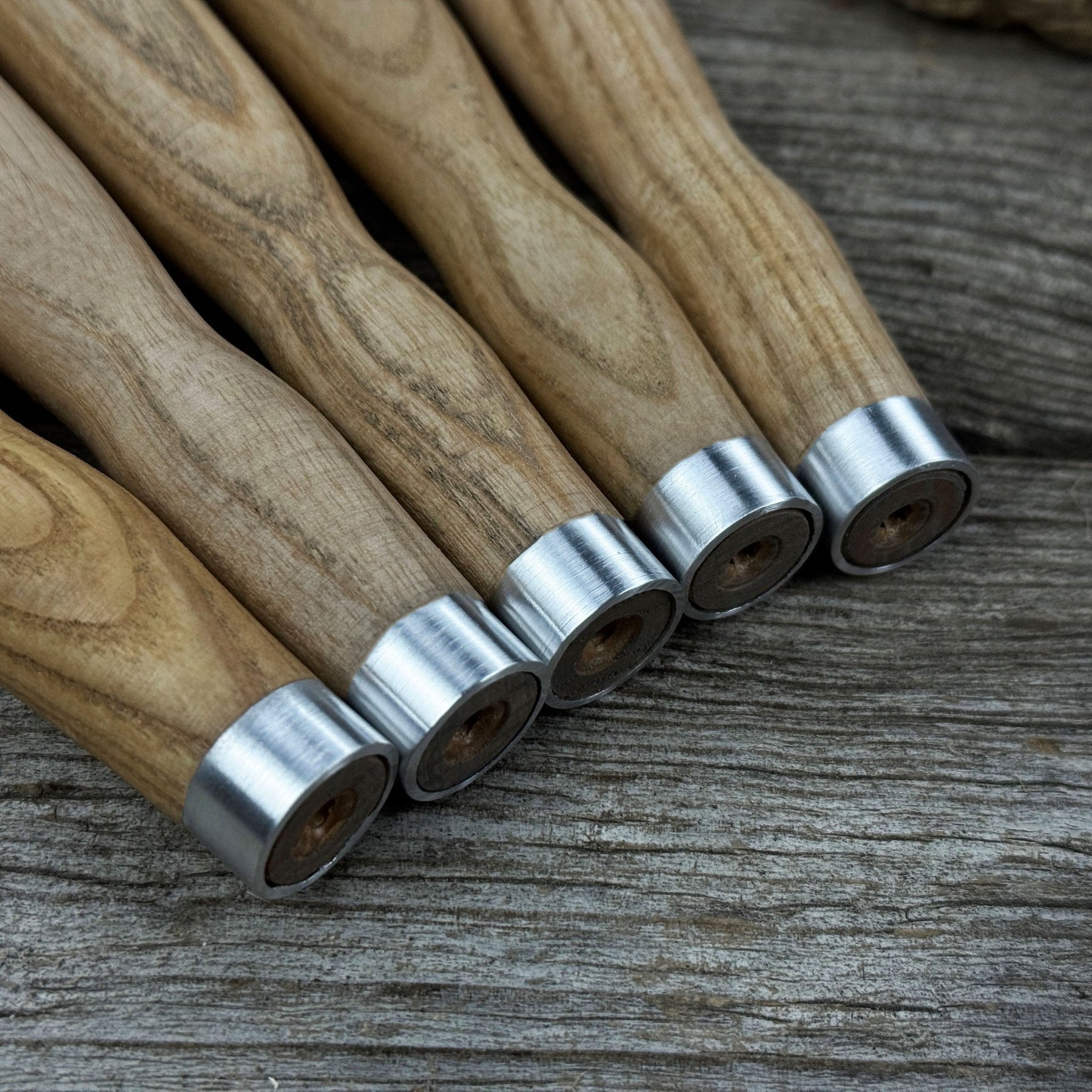 Set of 5 Ash Wood Handles for Chisels and Gouges with Aluminum Rings detail view by Sharky Forged Steel Tools