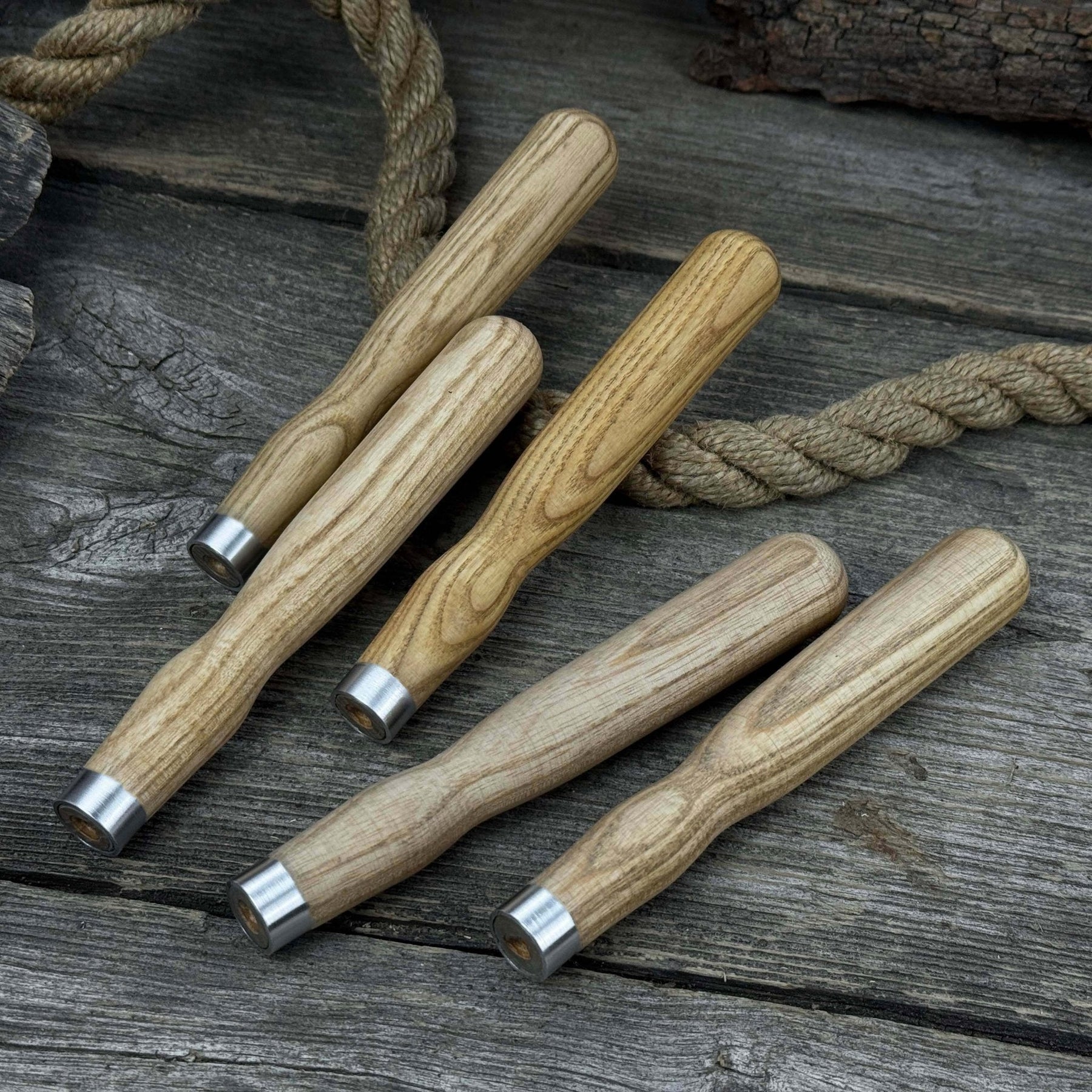 Set of 5 Ash Wood Handles for Chisels and Gouges with Aluminum Rings by Sharky Forged Steel Tools