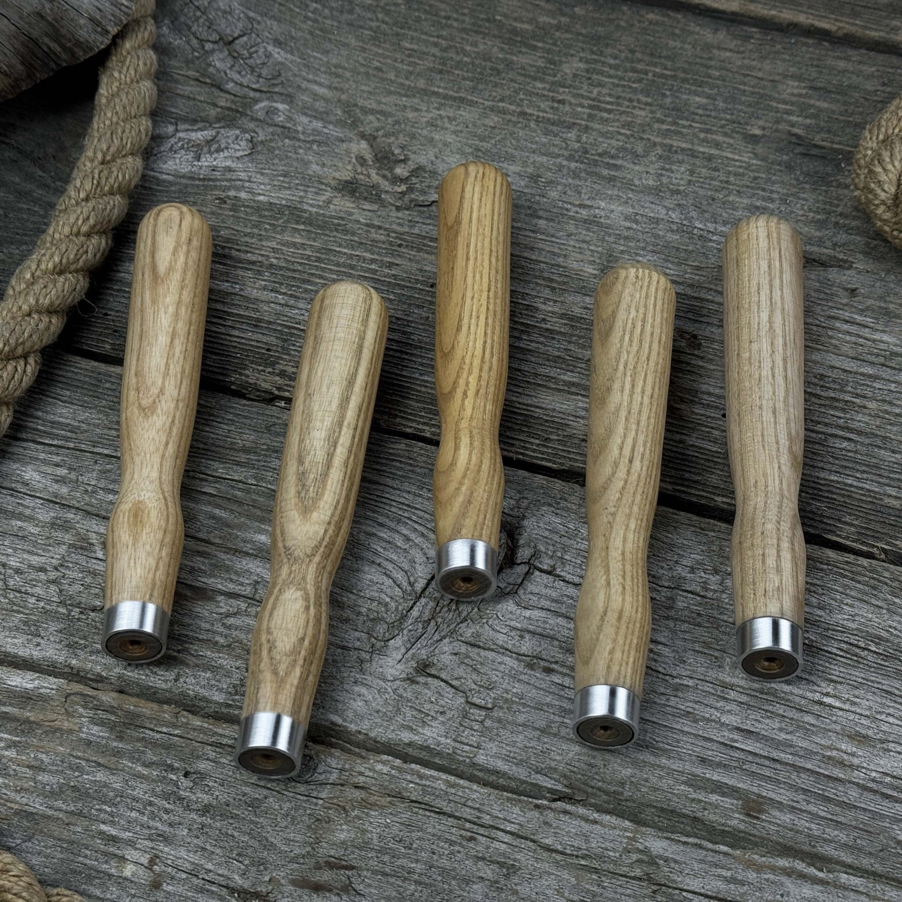Set of 5 Ash Wood Handles for Chisels and Gouges with Aluminum Rings detail view by Sharky Forged Steel Tools