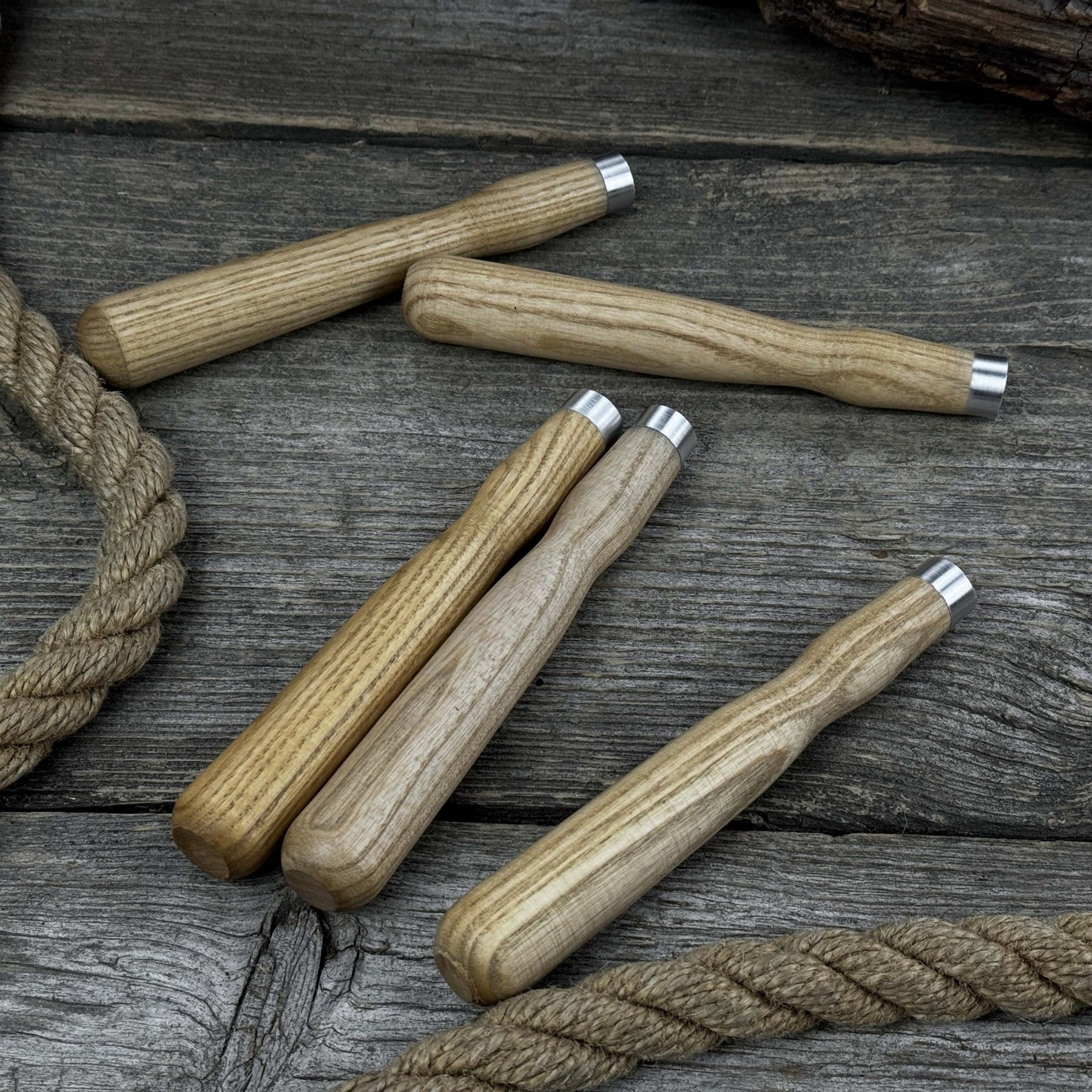 Set of 5 Ash Wood Handles for Chisels and Gouges with Aluminum Rings detail view by Sharky Forged Steel Tools