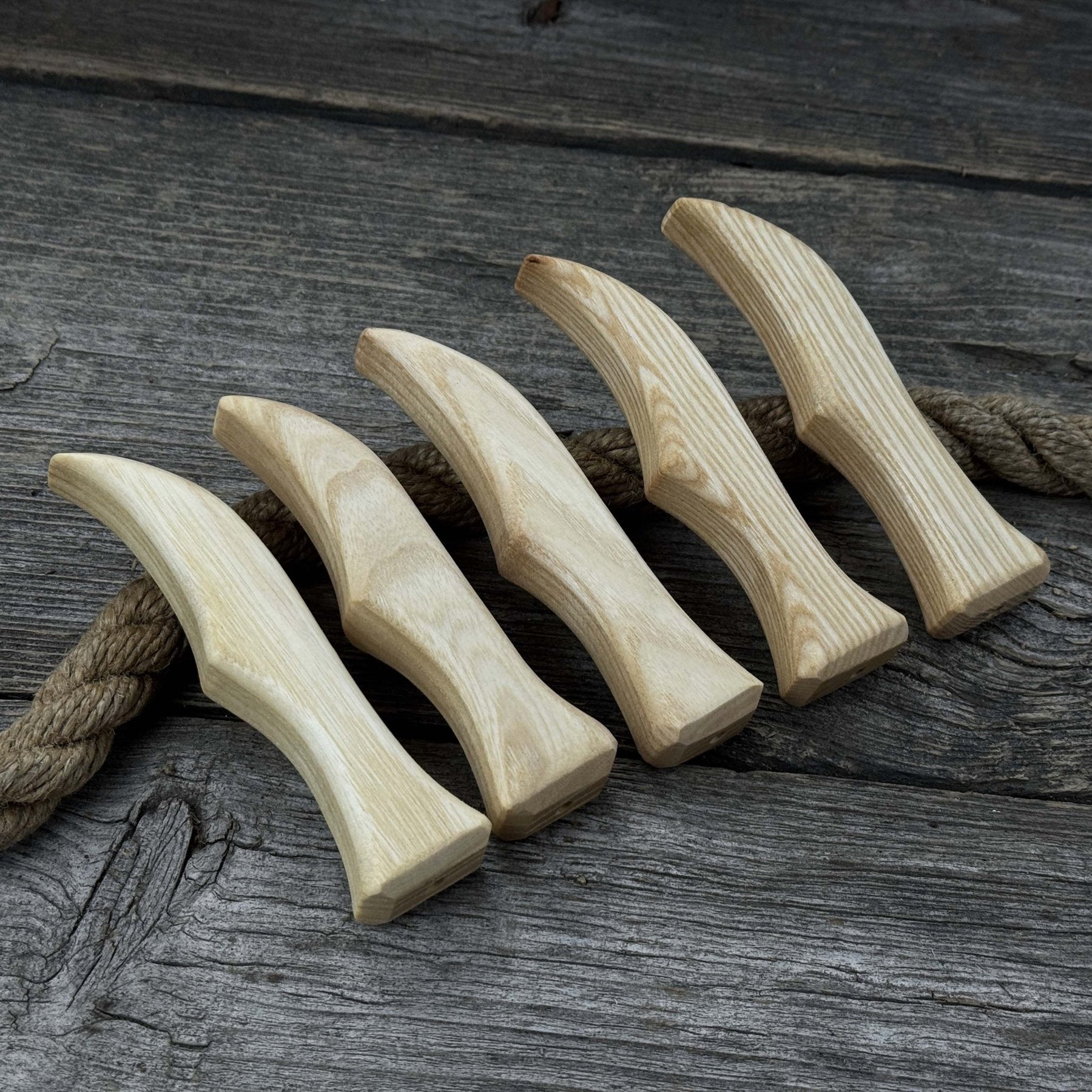 Set of 5 Ash Wood Knife Handles detail view by Sharky Forged Steel Tools
