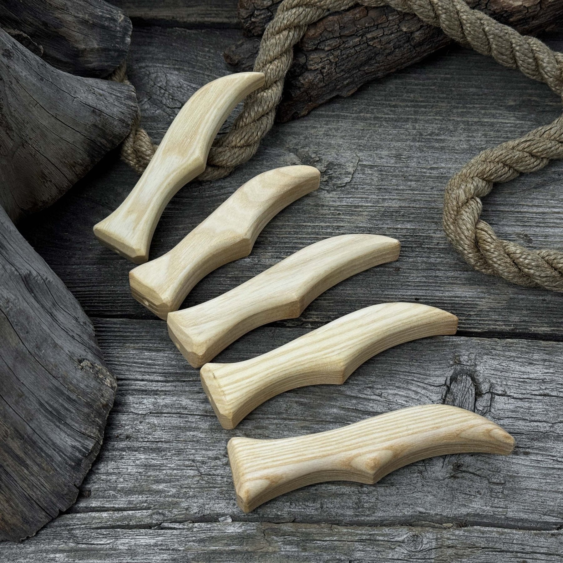 Set of 5 Ash Wood Knife Handles detail view by Sharky Forged Steel Tools